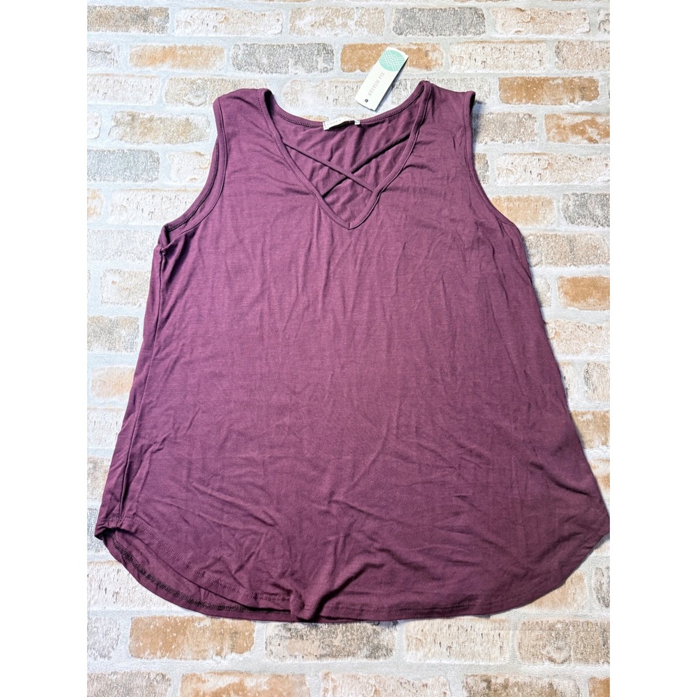 Emory Park Dulce Sleeveless Knit Top Dark Purple Crisscross‎ V-Neck Tank L NEW